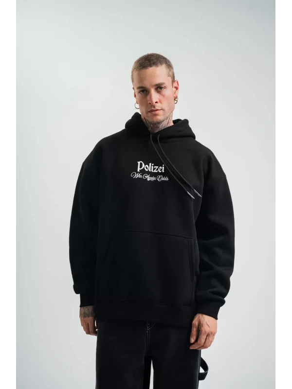 Üç İplik Kapşonlu Dijital Patchli SweatShirt - Siyah