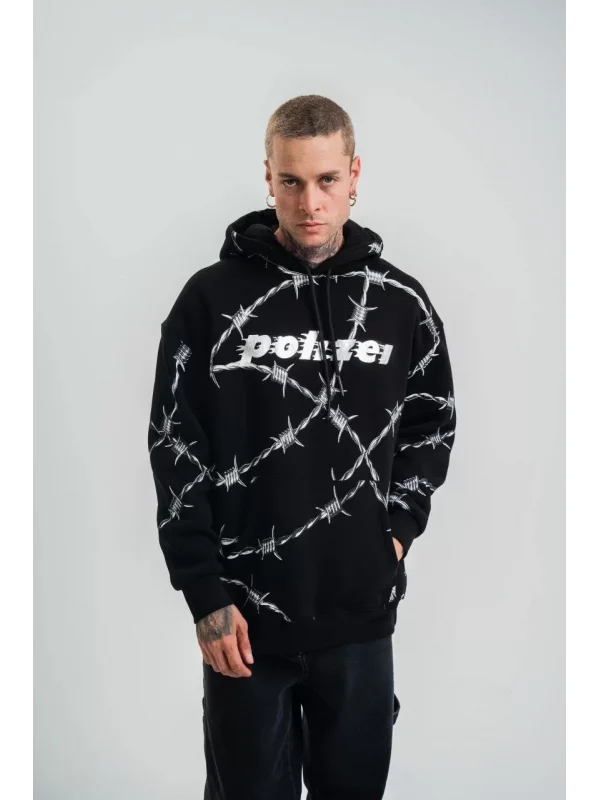 Unisex Kapşonlu Varak ve Pano Baskılı SweatShirt- Siyah