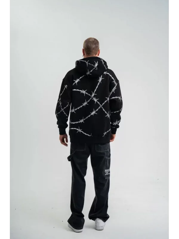 Unisex Kapşonlu Varak ve Pano Baskılı SweatShirt- Siyah