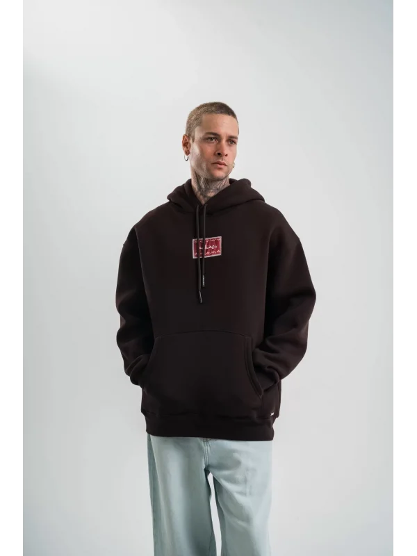 Double Oversize Kapşonlu Dijital Patchli SweatShirt - Kahve