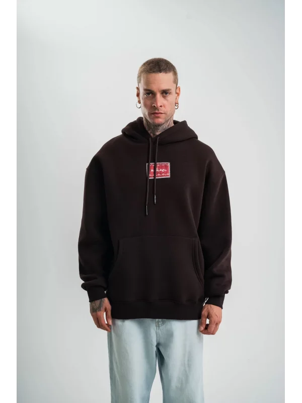 Double Oversize Kapşonlu Dijital Patchli SweatShirt - Kahve
