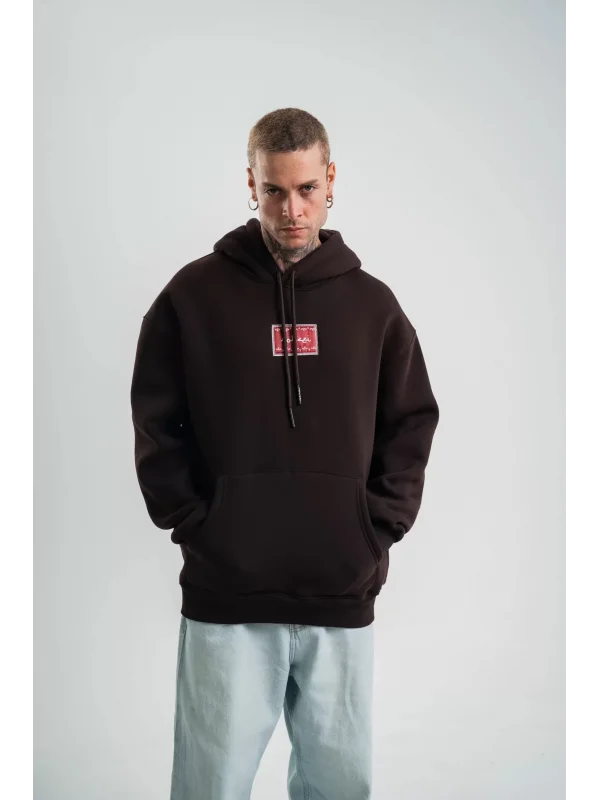 Double Oversize Kapşonlu Dijital Patchli SweatShirt - Kahve