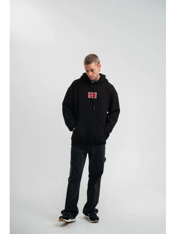 Double Oversize Kapşonlu Dijital Patchli SweatShirt - Siyah