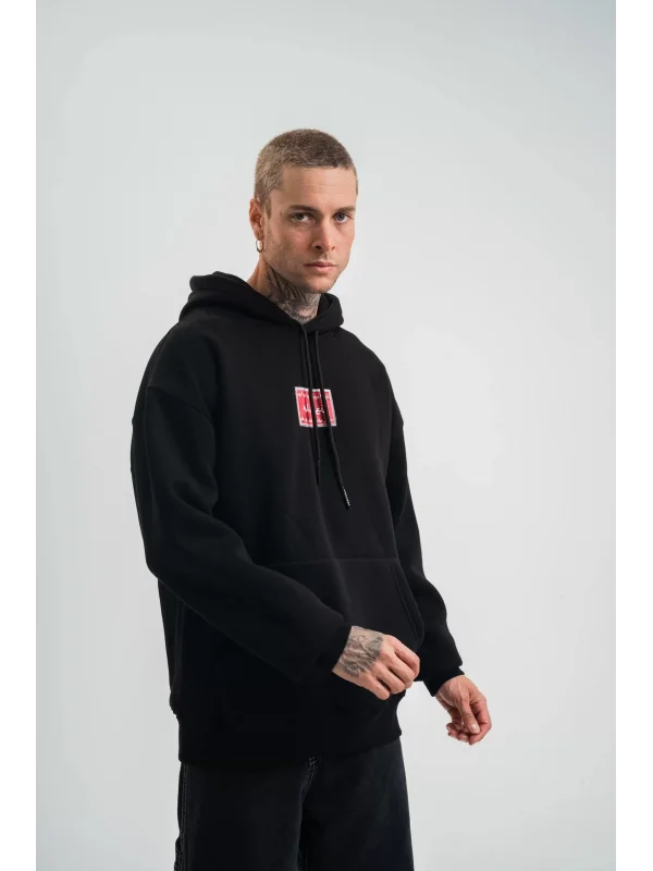 Double Oversize Kapşonlu Dijital Patchli SweatShirt - Siyah