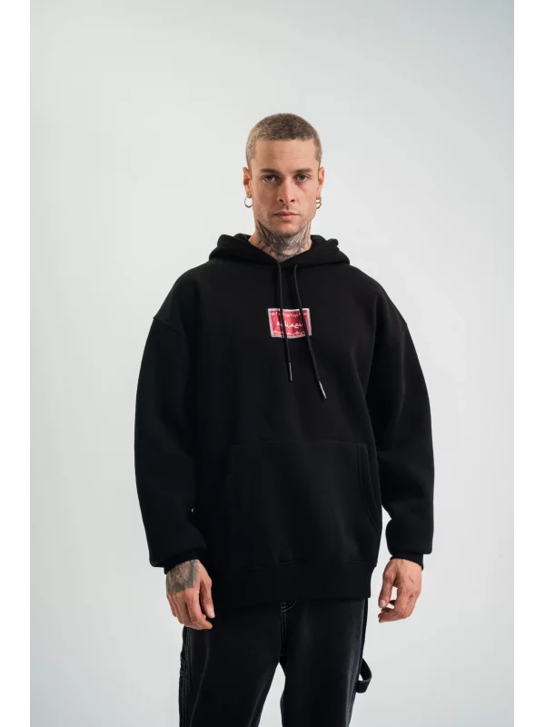 Double Oversize Kapşonlu Dijital Patchli SweatShirt - Siyah