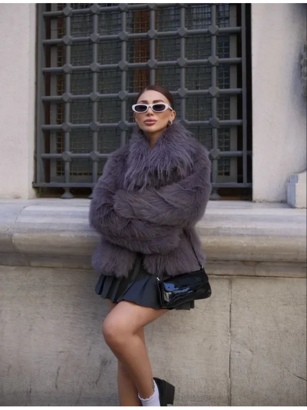 Salaş Sakallı Yumuşak Dokulu Yakalı Cepli Suni Kürk - füme