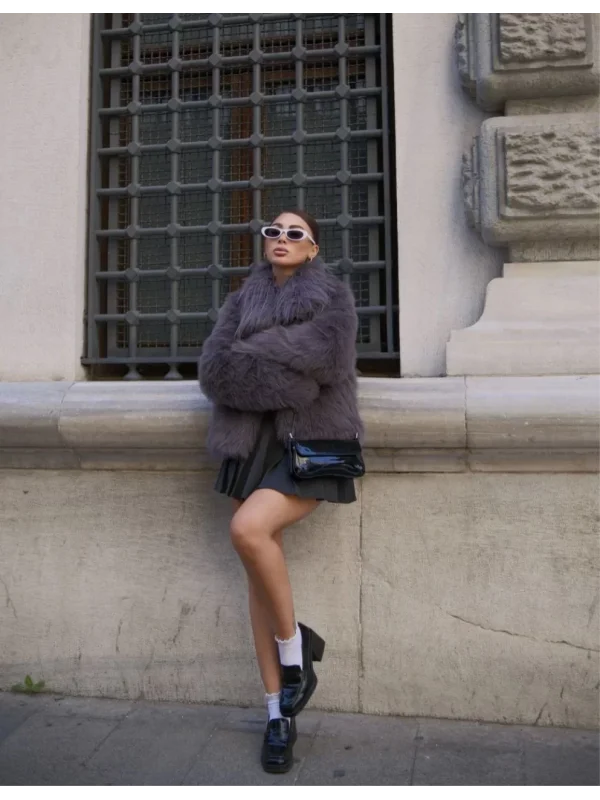 Salaş Sakallı Yumuşak Dokulu Yakalı Cepli Suni Kürk - füme