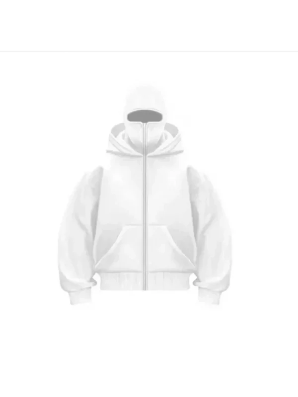 Samuray Ninja Çift Kapşonlu ZIP Fermuarlı Kanguru Çepli Tam Fermuarlı Hoodie Swetshirt - Beyaz