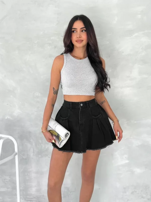 Şık Pileli Yazlık Mini Etekli Kot- Siyah
