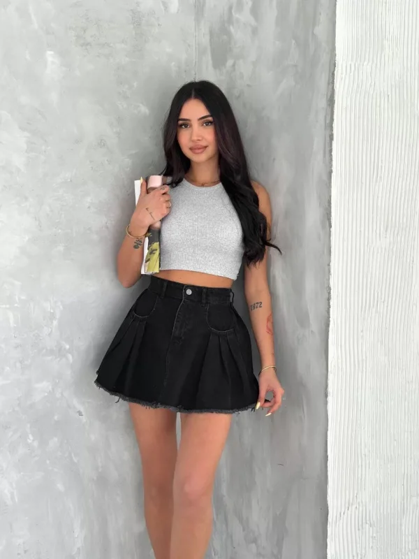 Şık Pileli Yazlık Mini Etekli Kot- Siyah