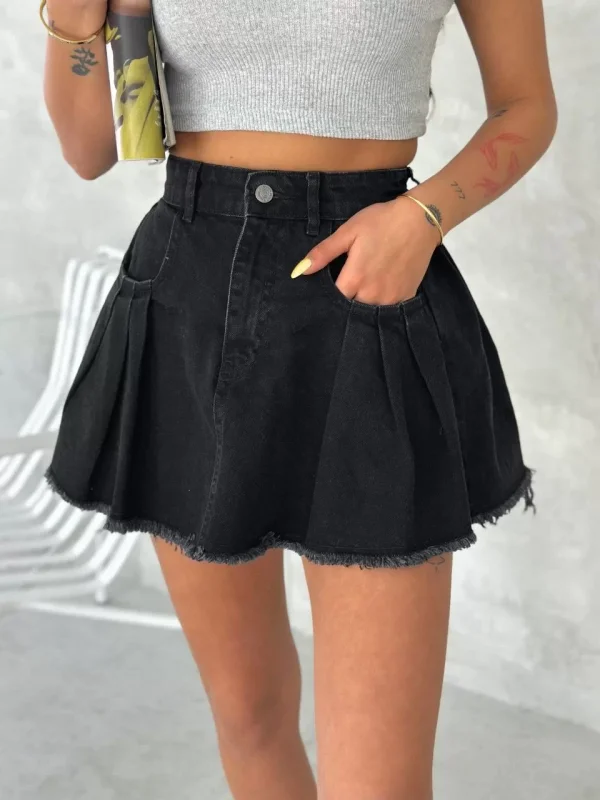 Şık Pileli Yazlık Mini Etekli Kot- Siyah