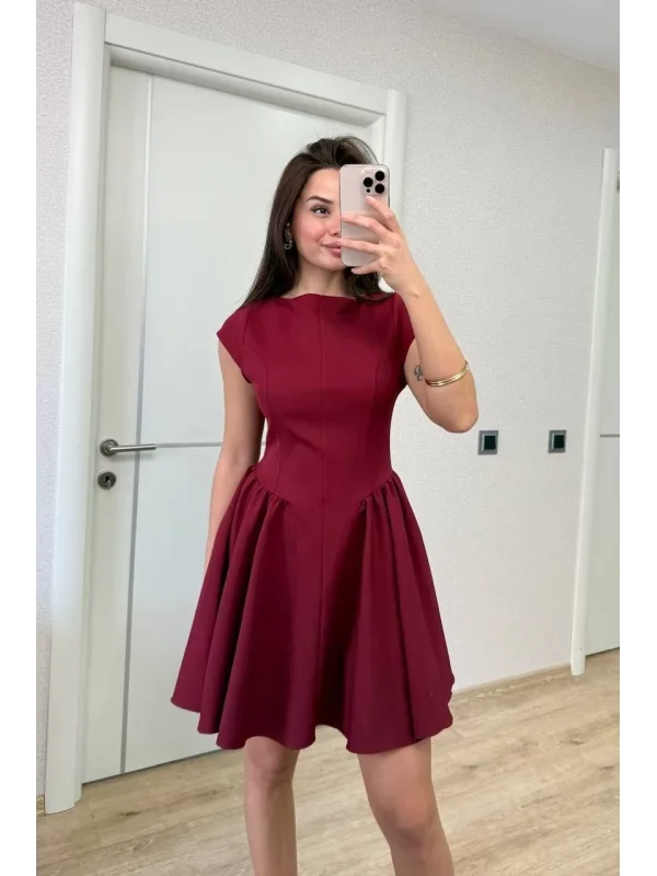 Sırt dekolteli Çan Detaylı Mini Elbise - Bordo