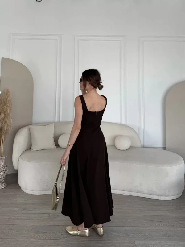 Sırt Dekolteli Kolsuz Uzun Elbise - Kahverengi