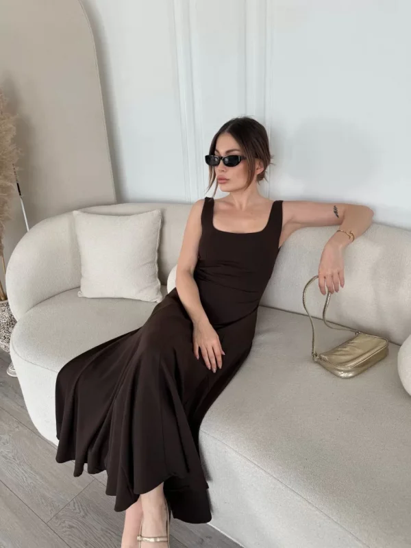 Sırt Dekolteli Kolsuz Uzun Elbise - Kahverengi