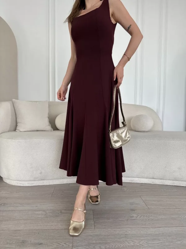 Sırt Dekolteli Kolsuz Uzun Elbise - Mürdüm