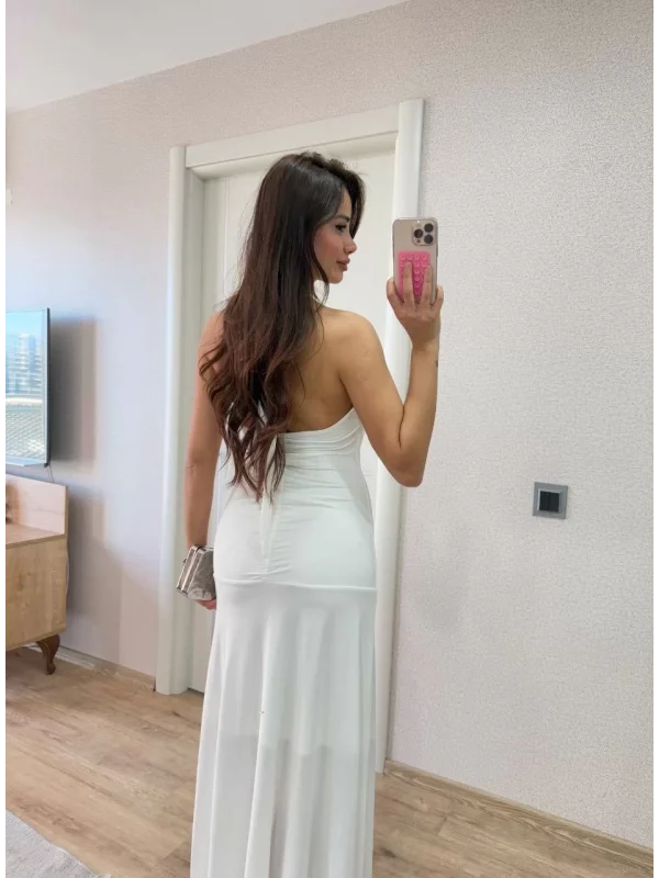 Sırt dekolteli Uzun Elbise - Beyaz