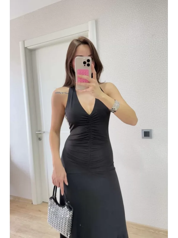 Sırt dekolteli Uzun Elbise - Siyah