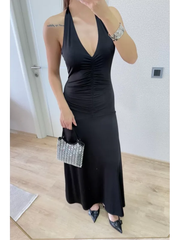 Sırt dekolteli Uzun Elbise - Siyah