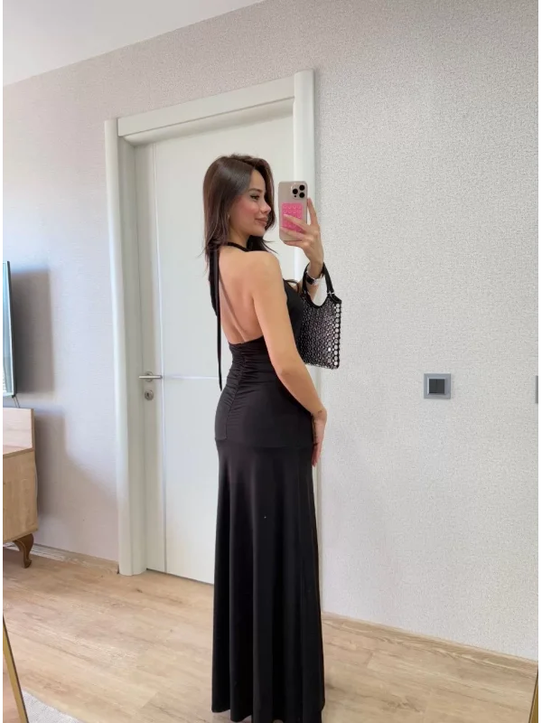 Sırt dekolteli Uzun Elbise - Siyah