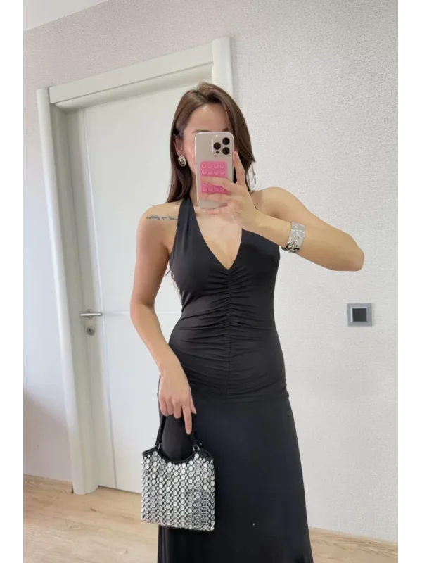 Sırt dekolteli Uzun Elbise - Siyah