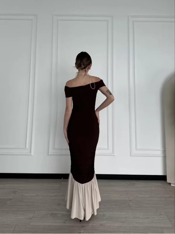 Striptiz Omuzlu Uzun Elbise- Kahve