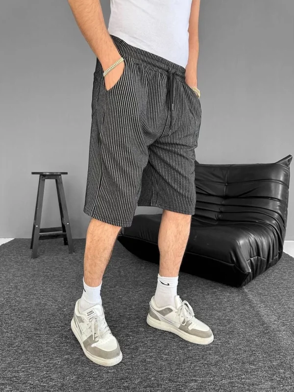 Su Yolu Çizgili Ön Arka Cepli Şort Yazlık Nefes Alabilir - Siyah