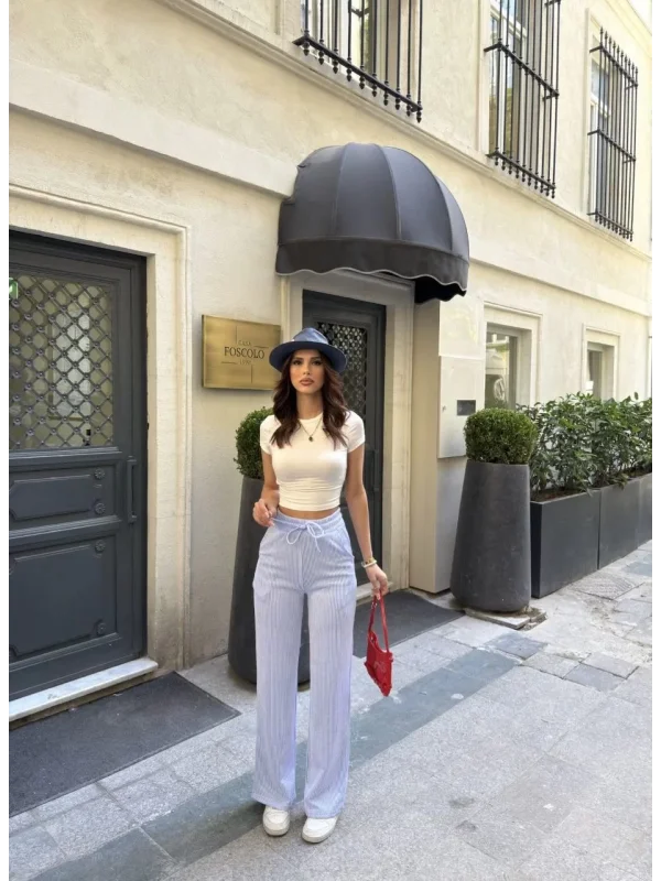 Su Yolu Çizgili kolay Kombinle Ne Bilir Cepli Pantolon - Açık Mavi