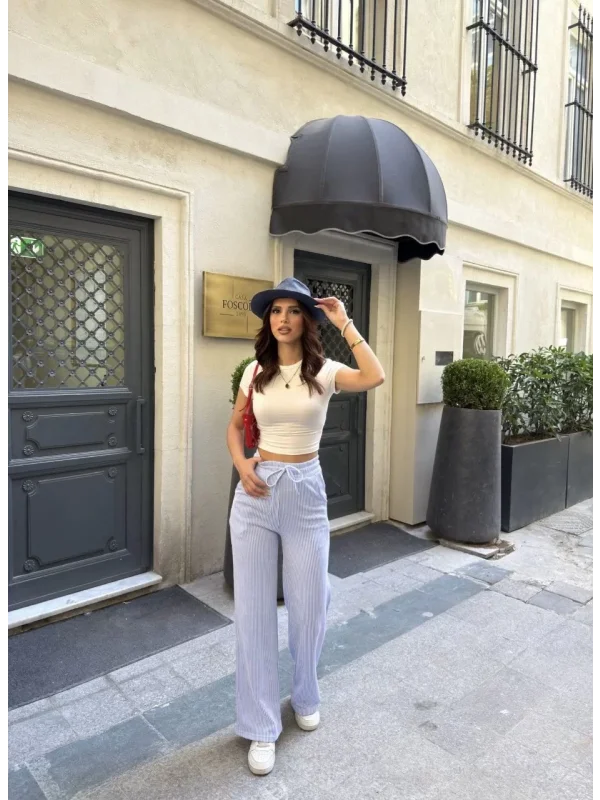 Su Yolu Çizgili kolay Kombinle Ne Bilir Cepli Pantolon - Açık Mavi