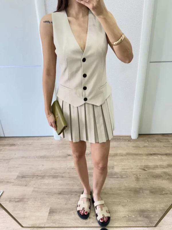 Keten Takım Görünümlü Düğme Detaylı Yelekli Mini Elbise - Bej