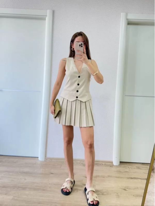 Keten Takım Görünümlü Düğme Detaylı Yelekli Mini Elbise - Bej