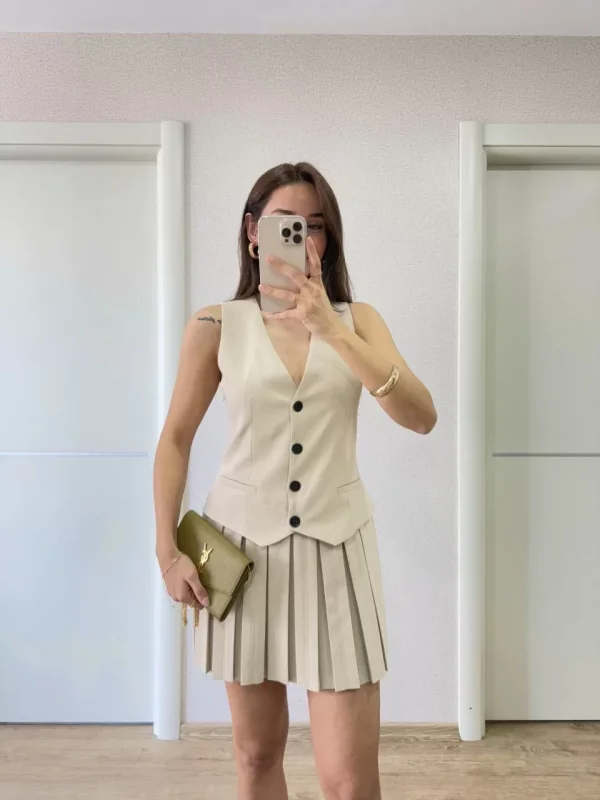 Keten Takım Görünümlü Düğme Detaylı Yelekli Mini Elbise - Bej