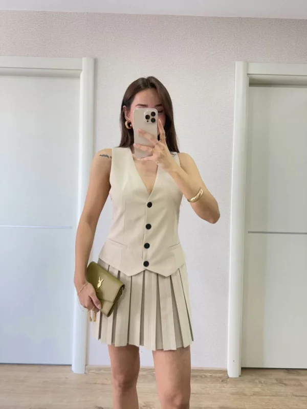 Keten Takım Görünümlü Düğme Detaylı Yelekli Mini Elbise - Bej