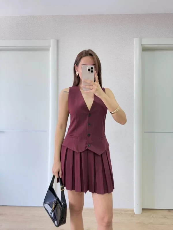 Keten Takım Görünümlü Düğme Detaylı Yelekli Mini Elbise - Bordo