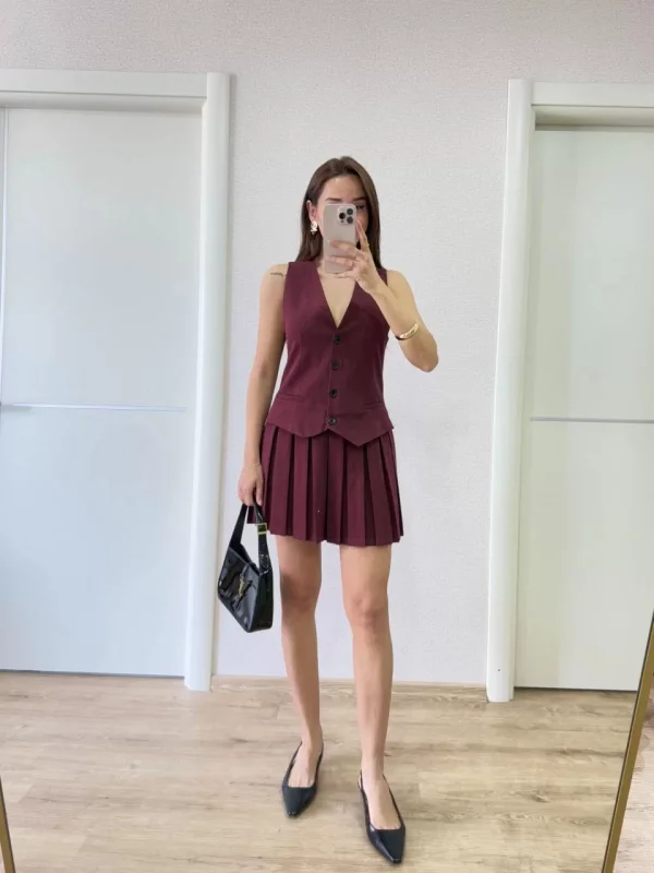 Keten Takım Görünümlü Düğme Detaylı Yelekli Mini Elbise - Bordo