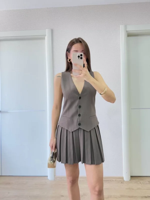 Keten Takım Görünümlü Düğme Detaylı Yelekli Mini Elbise - Füme