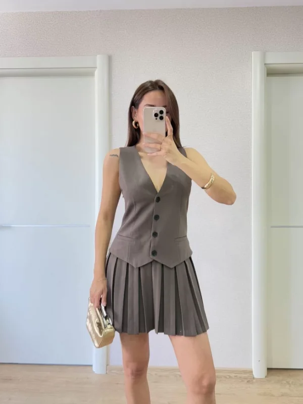 Keten Takım Görünümlü Düğme Detaylı Yelekli Mini Elbise - Füme