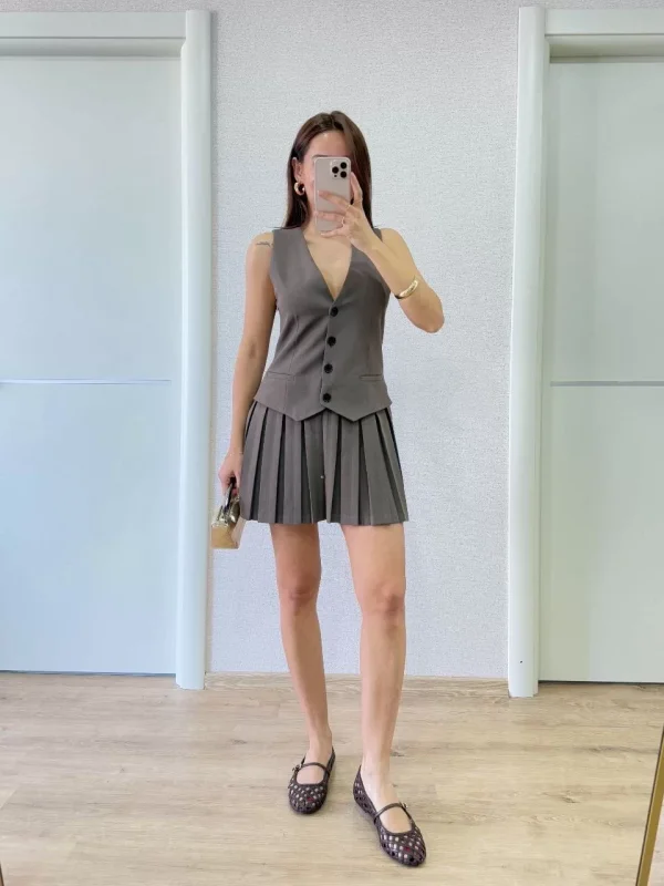 Keten Takım Görünümlü Düğme Detaylı Yelekli Mini Elbise - Füme