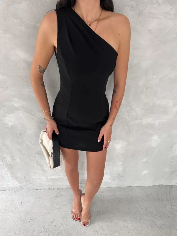 Tek Omuzlu Kolsuz Mini Boy Elbise - Siyah