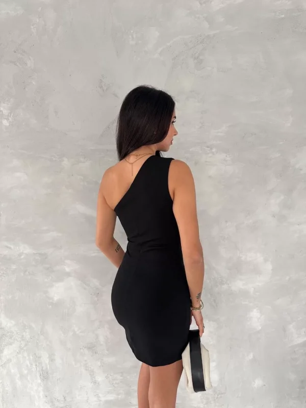 Tek Omuzlu Kolsuz Mini Boy Elbise - Siyah