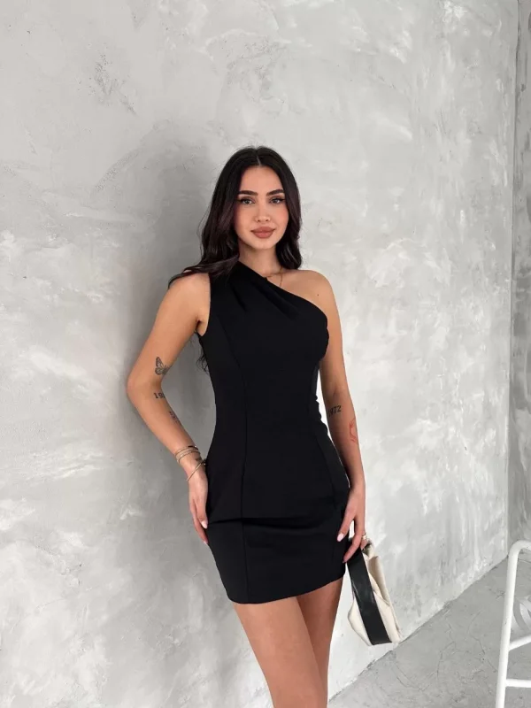Tek Omuzlu Kolsuz Mini Boy Elbise - Siyah