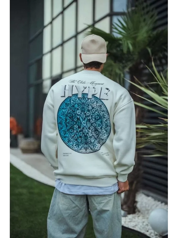 Üç İplik Bisiklet Yaka Baskılı SweatShirt - Beyaz