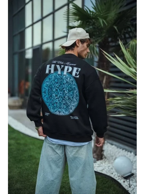 Üç İplik Bisiklet Yaka Baskılı SweatShirt - Siyah