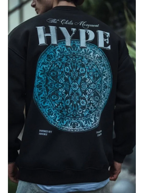 Üç İplik Bisiklet Yaka Baskılı SweatShirt - Siyah