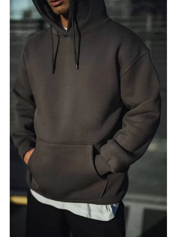 Üç İplik Penye Kapşonlu Basic SweatShirt - Füme