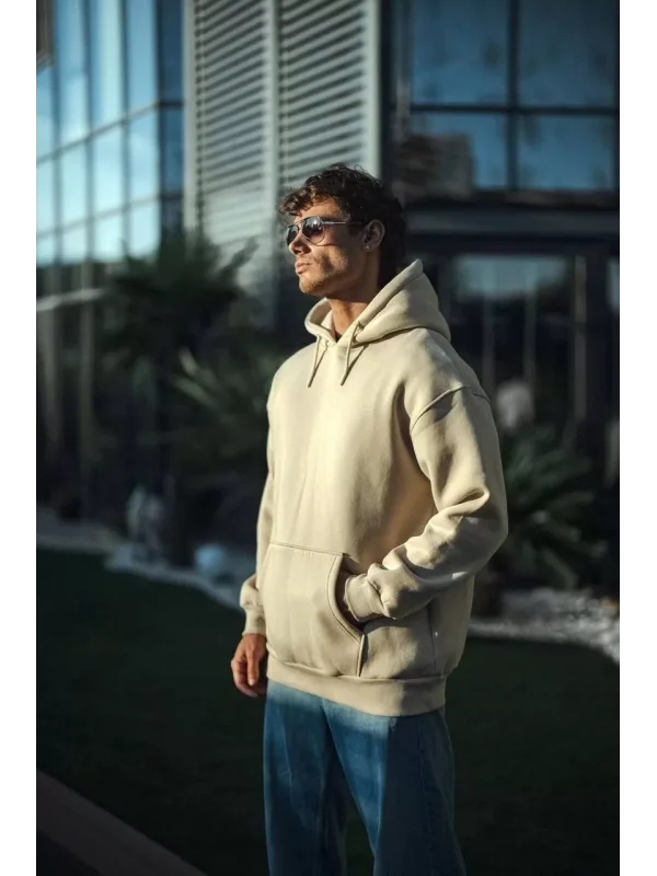 Üç İplik Penye Kapşonlu Basic SweatShirt - Bej