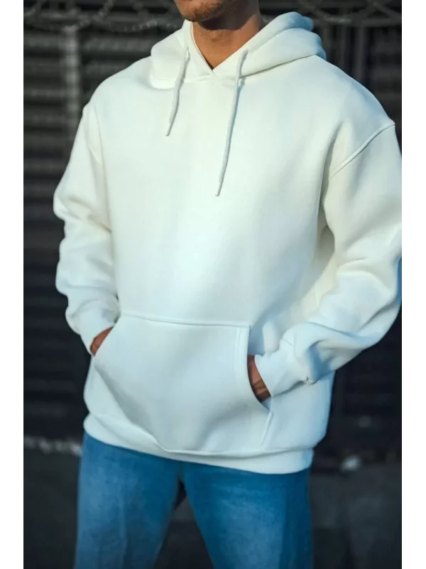Üç İplik Penye Kapşonlu Basic SweatShirt - Beyaz