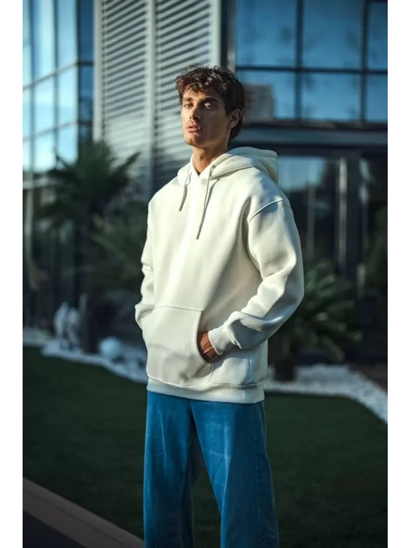 Üç İplik Penye Kapşonlu Basic SweatShirt - Beyaz