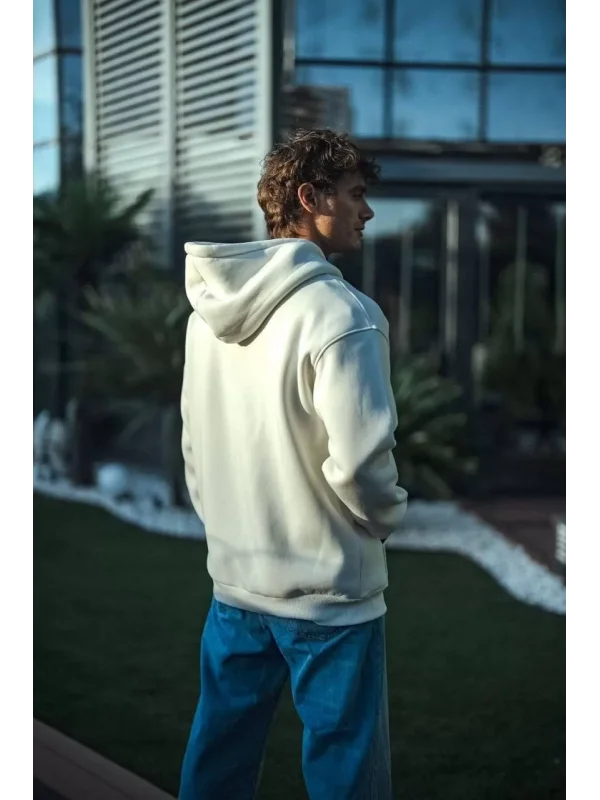 Üç İplik Penye Kapşonlu Basic SweatShirt - Beyaz