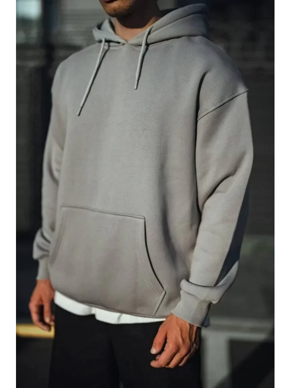 Üç İplik Penye Kapşonlu Basic SweatShirt - Boyalı Gri