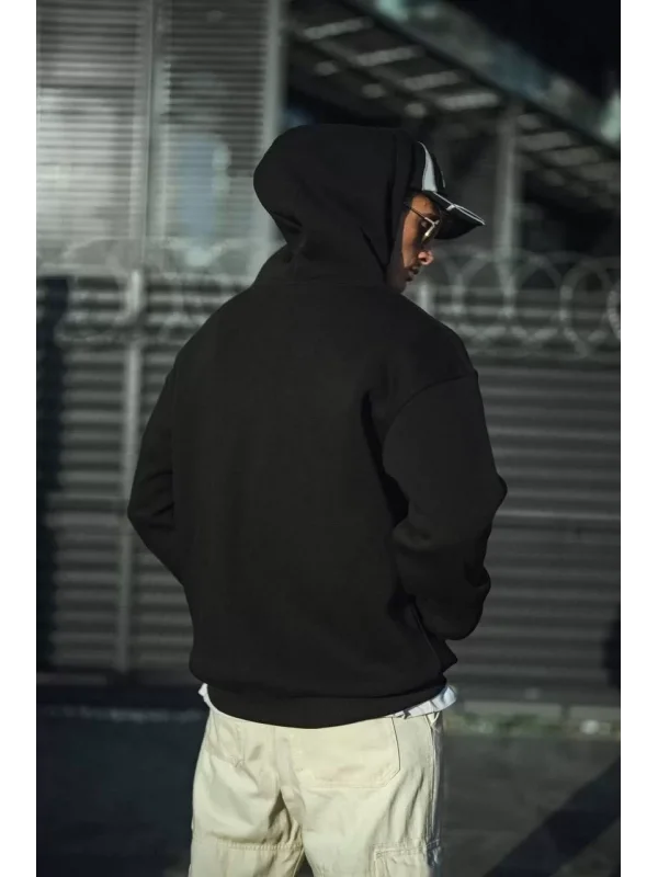 Üç İplik Penye Kapşonlu Basic SweatShirt - Siyah